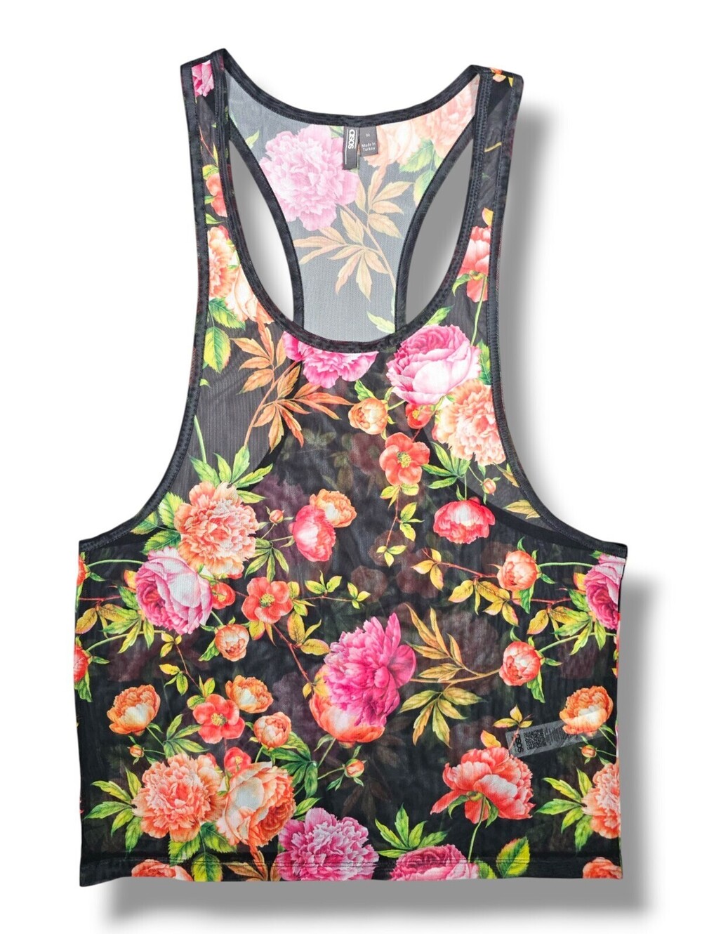 ASOS Black Floral Racerback Mesh Tank Top Sheer Summer Beach Festival Medium